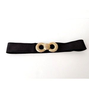 Vintage Motion East Black Elastic Stretch Belt Gold Detail Hook Closure 80s 90s